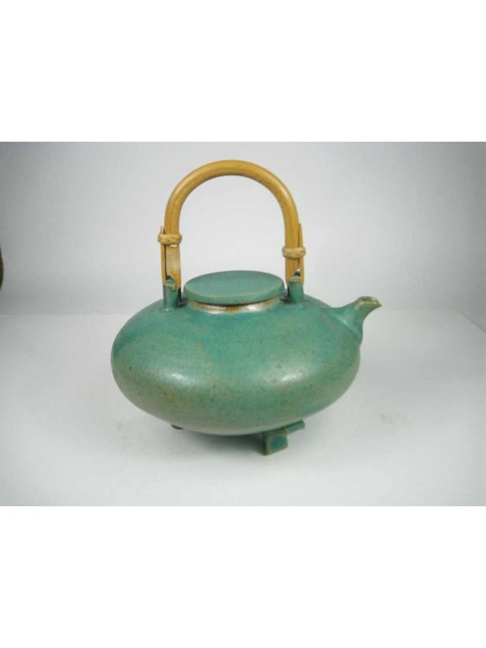 Vintage Stoneware Teapot Bamboo Handle Signed Footed Artisan Pottery Studio